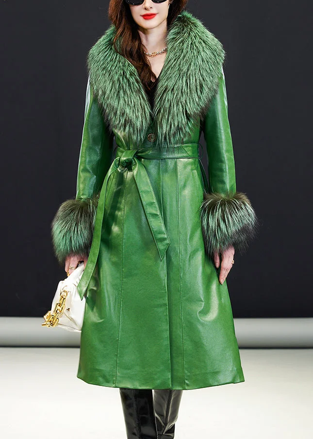 New Emerald Green Fox Collar Detachable Tie Waist Faux Leather Coat Winter