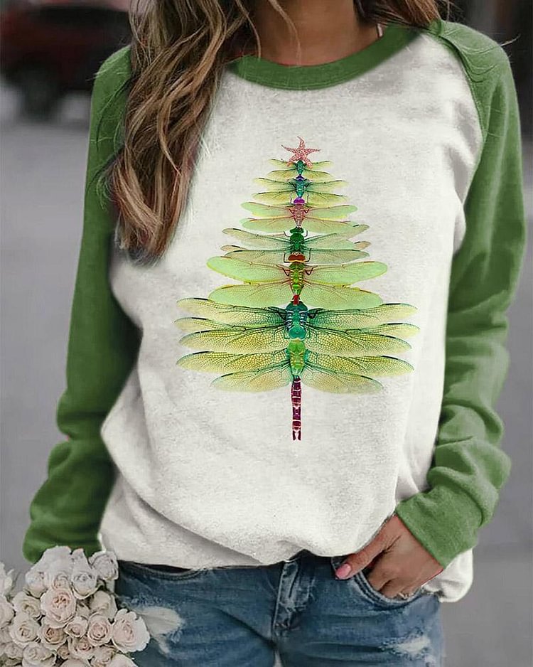 Dragonfly Christmas Tree Print Sweatshirt-luchamp:luchamp
