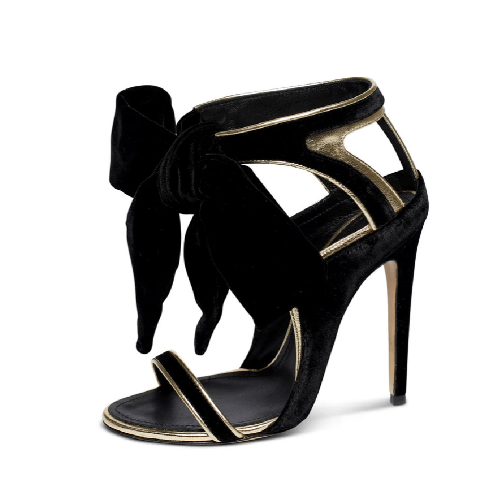 Black & Gold Velvet Lace Up Sandals Elegant Open Toe High Heels