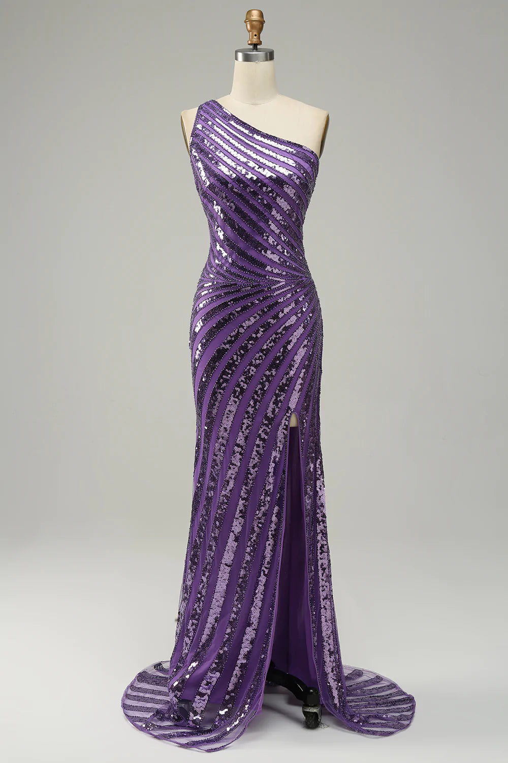Homrain Women One Shoulder Prom Dress with Slit Sequin Purple Mermaid ...