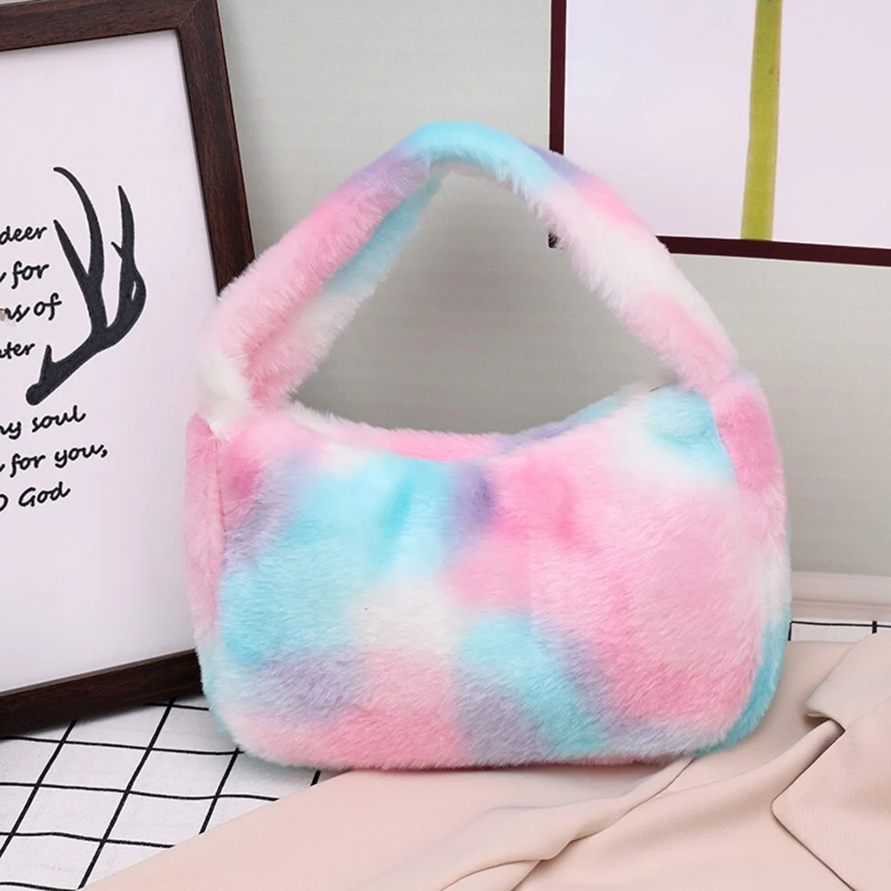 Pongl Winter Rainbow Plush Fur Handbag Designer New Women Tie dye Top-handle Bags Winter Warm Soft Handbags Shopping Tote Purse