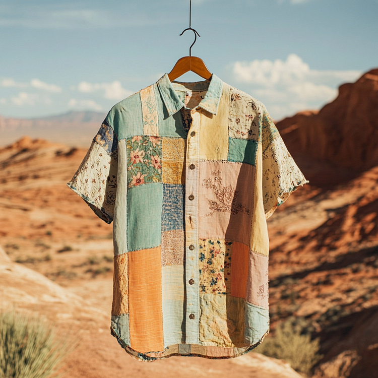 Men's Retro Floral Patchwork Contrast Color Linen Shirt