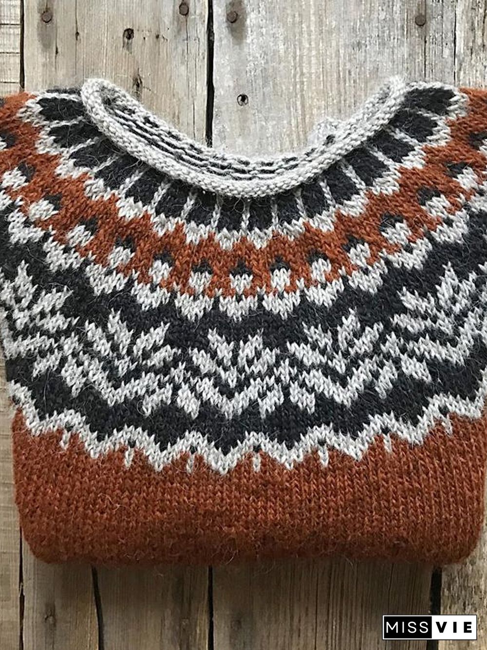 Brown Long Sleeve Vintage Cotton Crew Neck Sweater