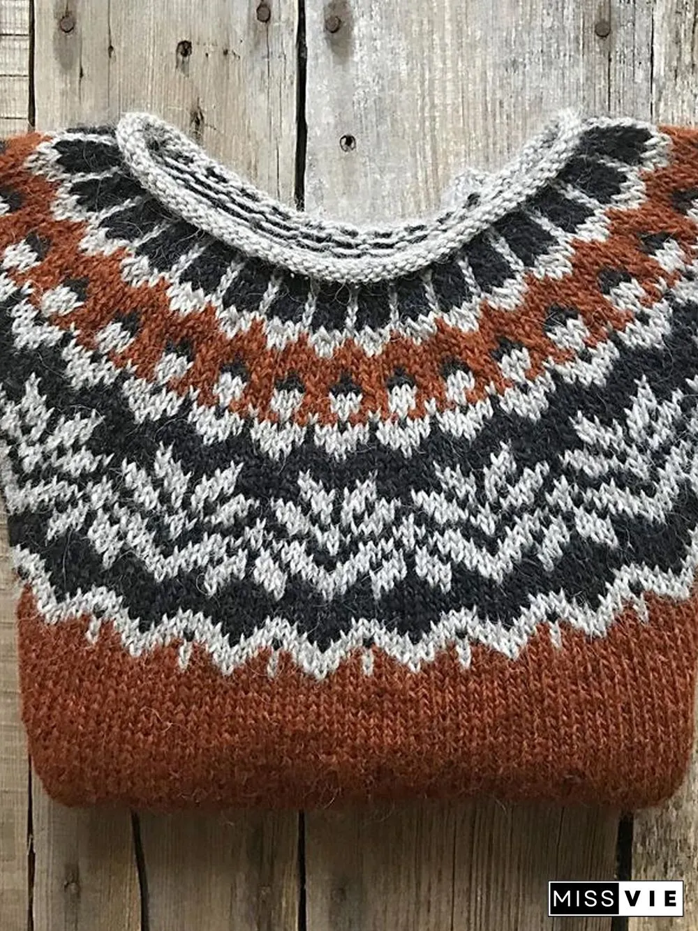 Brown Long Sleeve Vintage Cotton Crew Neck Sweater