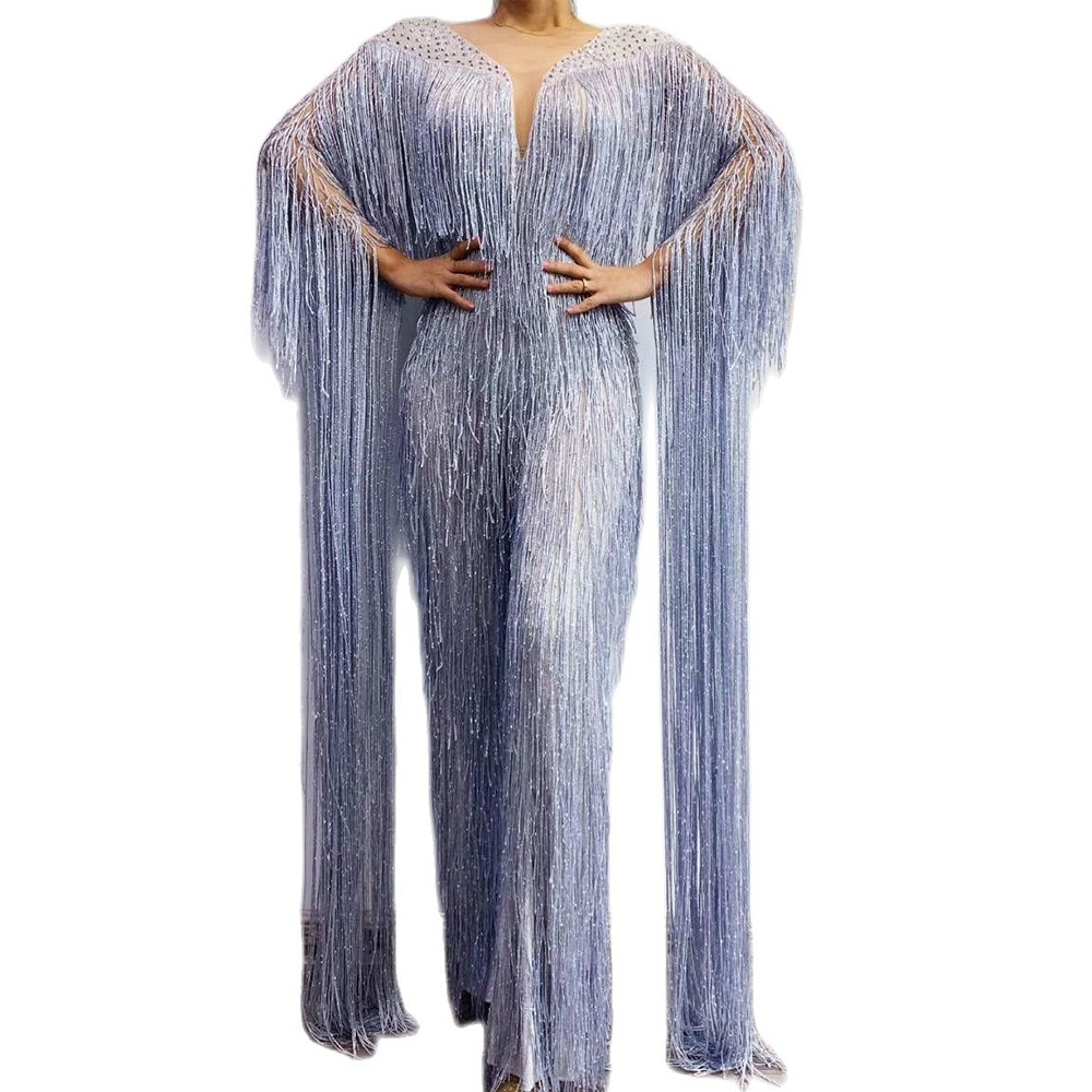 TAAFO Silver Tassel Floor-Length Sleeve Jumpsuit Mesh Perspective Playsuit Outfit