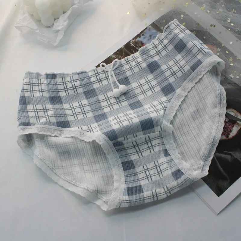 Women's Cotton Underwear Fashion Stripe Plaid Panties Sexy Lace Panties Middle Waist Seamless Comfortable Briefs Female Lingerie
