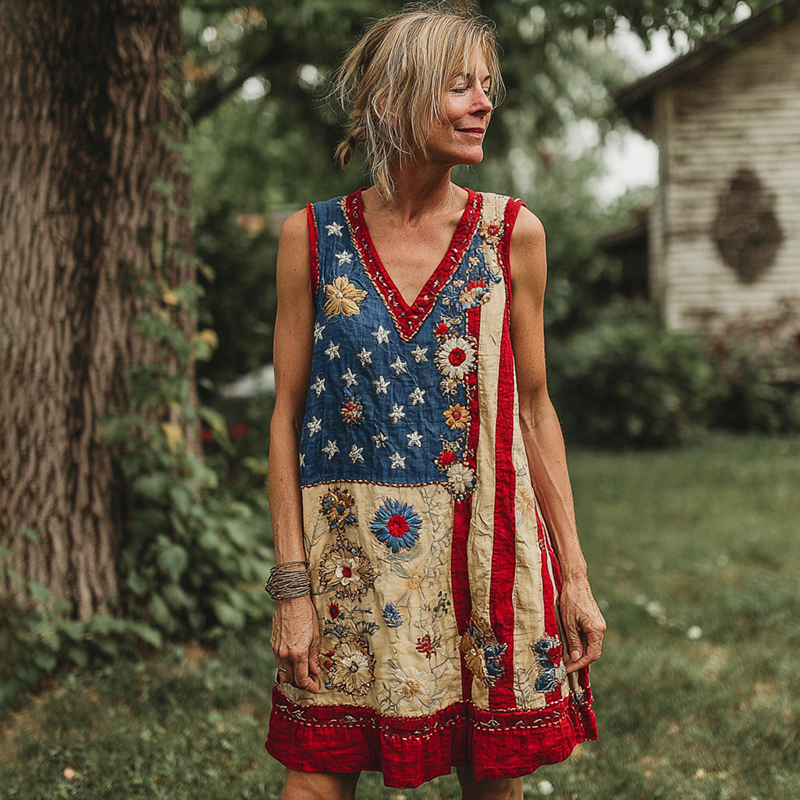 Women's Independence Day Floral Embroidery Print V-neck Tank Midi Dress elevenforest