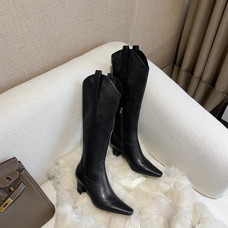 50mm Women Side Zip Block Heel Square Toe Western Boots Black-vocosishoes