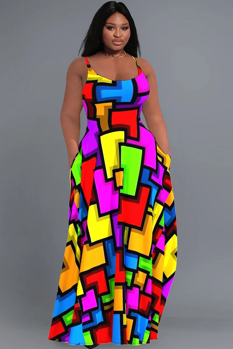 thumbnail image 2 of Plus Size Geometric Print Maxi Dress With Pockets - 3/4 Sleeve Casual Work Dress 2 of 9