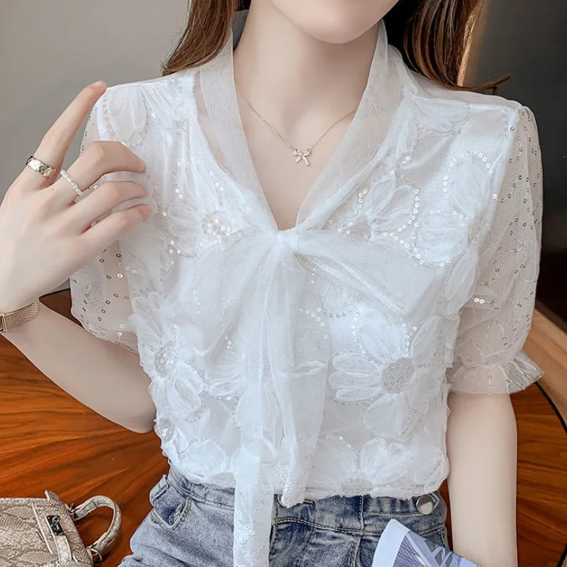 Jangj Mesh Stitching White Shirt 2022 Spring Summer Short Sleeve Shirt for Female Korean Style Elegant Casual Shirt for Female