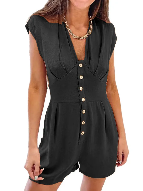 Women plus size clothing Button-Paneled Short-Sleeve Shorts Jumpsuit-Nordswear
