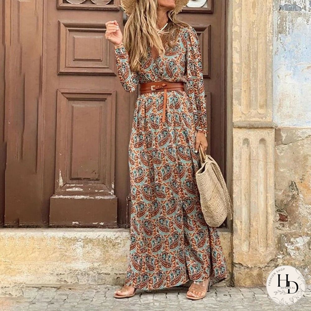 Summer Womens Fashion Retro Floral Elegant Dress Ladies Loose Casual Long One-_piece