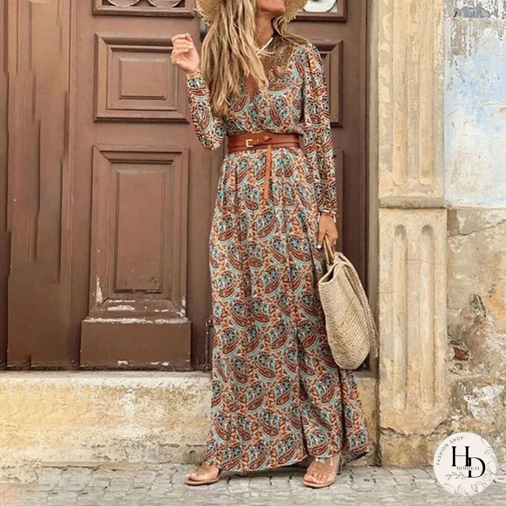 Summer Womens Fashion Retro Floral Elegant Dress Ladies Loose Casual Long One-_piece