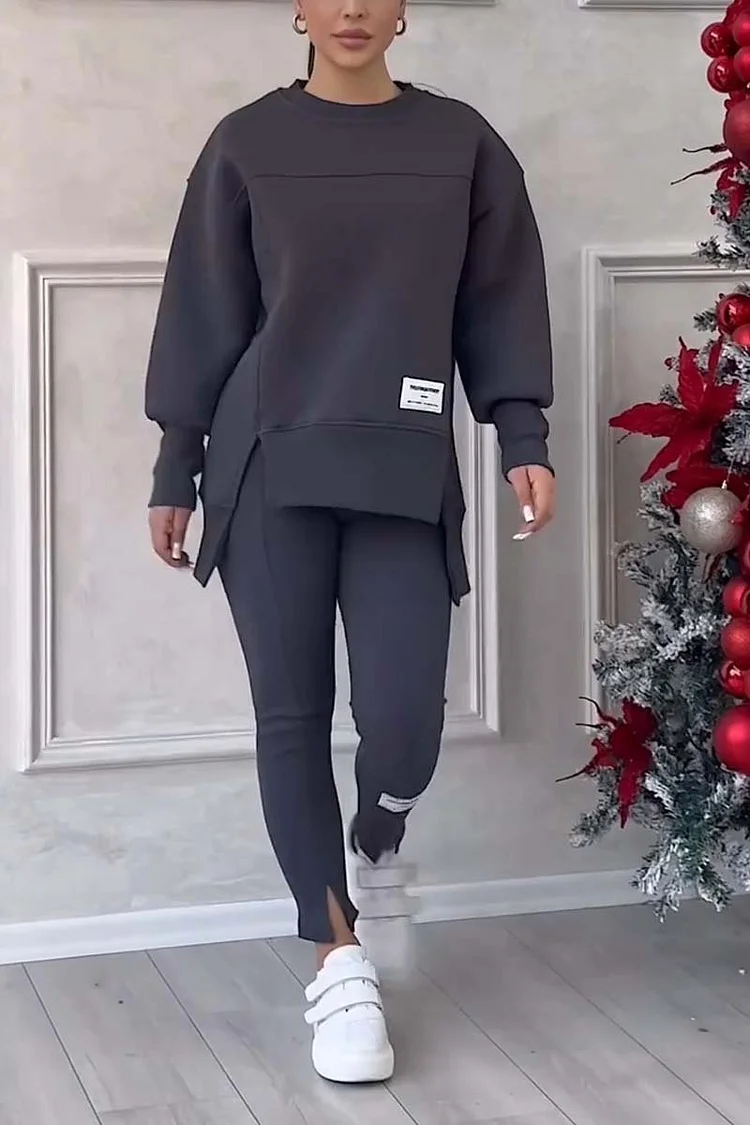 Women's Casual Solid Color Round Neck Long Sleeve Slit Hem Sweatshirt Leggings Set