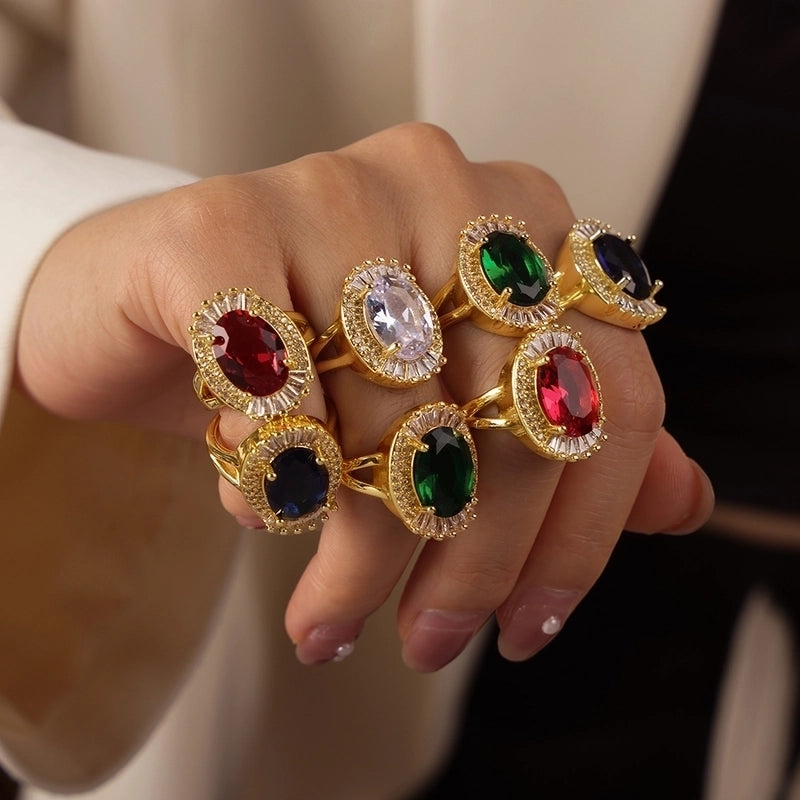 Elegant Minimalist Oval Copper Plating Inlay Zircon 18k Gold Plated Rings