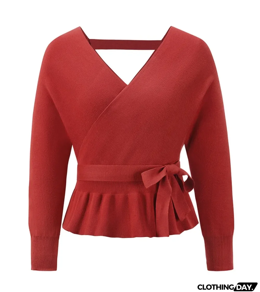 Autumn Red Bat Sleeves Wrap Peplum Sweater Top with Belt