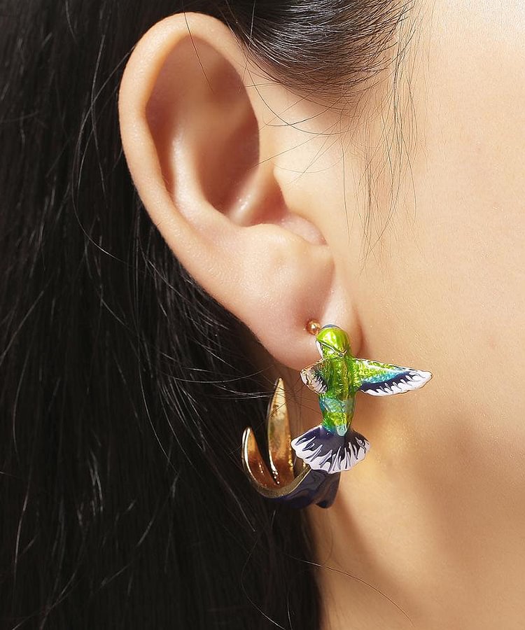 Stylish Green Bird Metal Women's Hoop Earrings