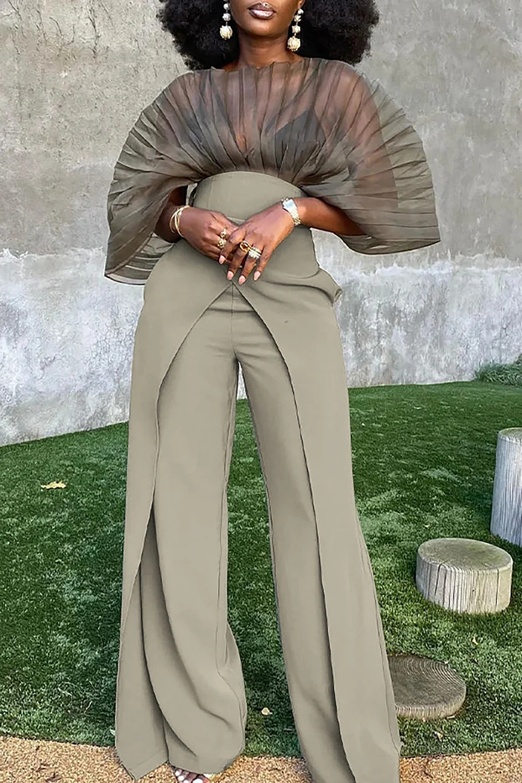 Plus Size Army Green Semi Formal Mesh Tulle See-through Puff Sleeve Two Piece Pant Sets 
