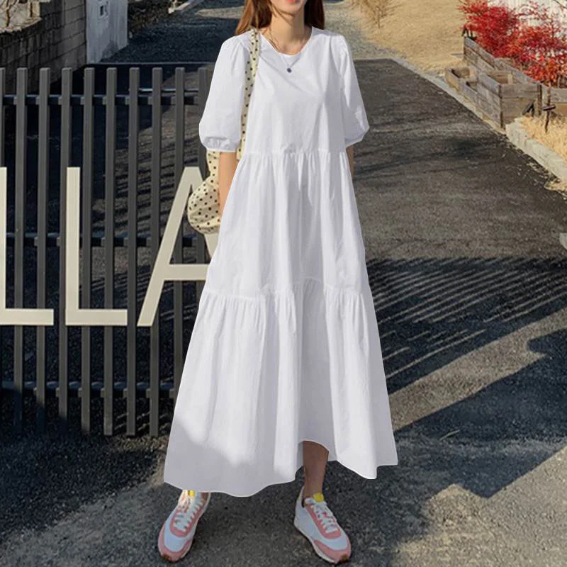 ⚡NEW SEASON⚡Solid Pocket Half Sleeve Ruffle Casual Linen Maxi Dress