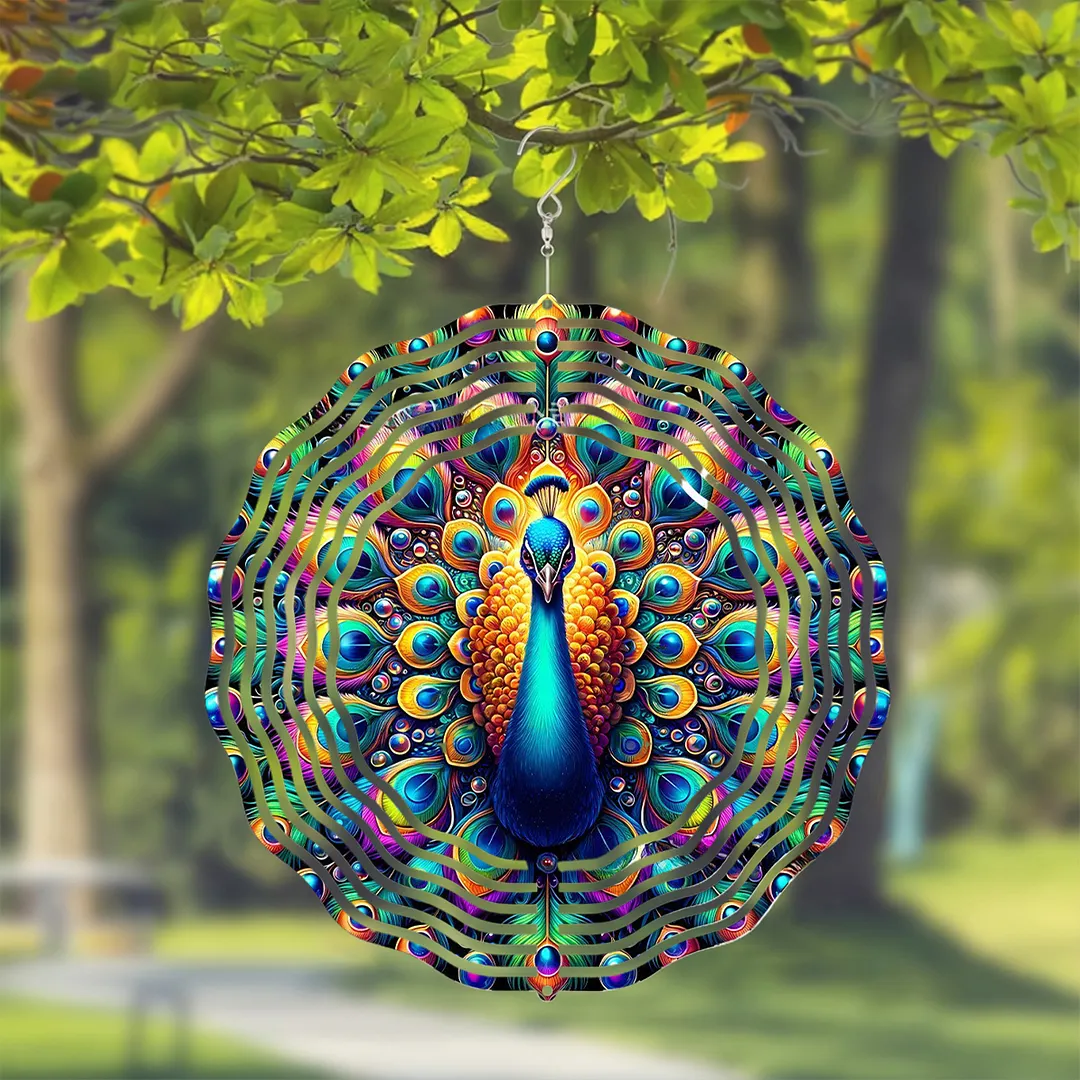3D Hanging Wind Spinner 360 Degree Rotating 10-Inch Garden Wind Spinners Hanging Wind Catcher Art Gift for Home Garden Halloween Christmas (Peacock)