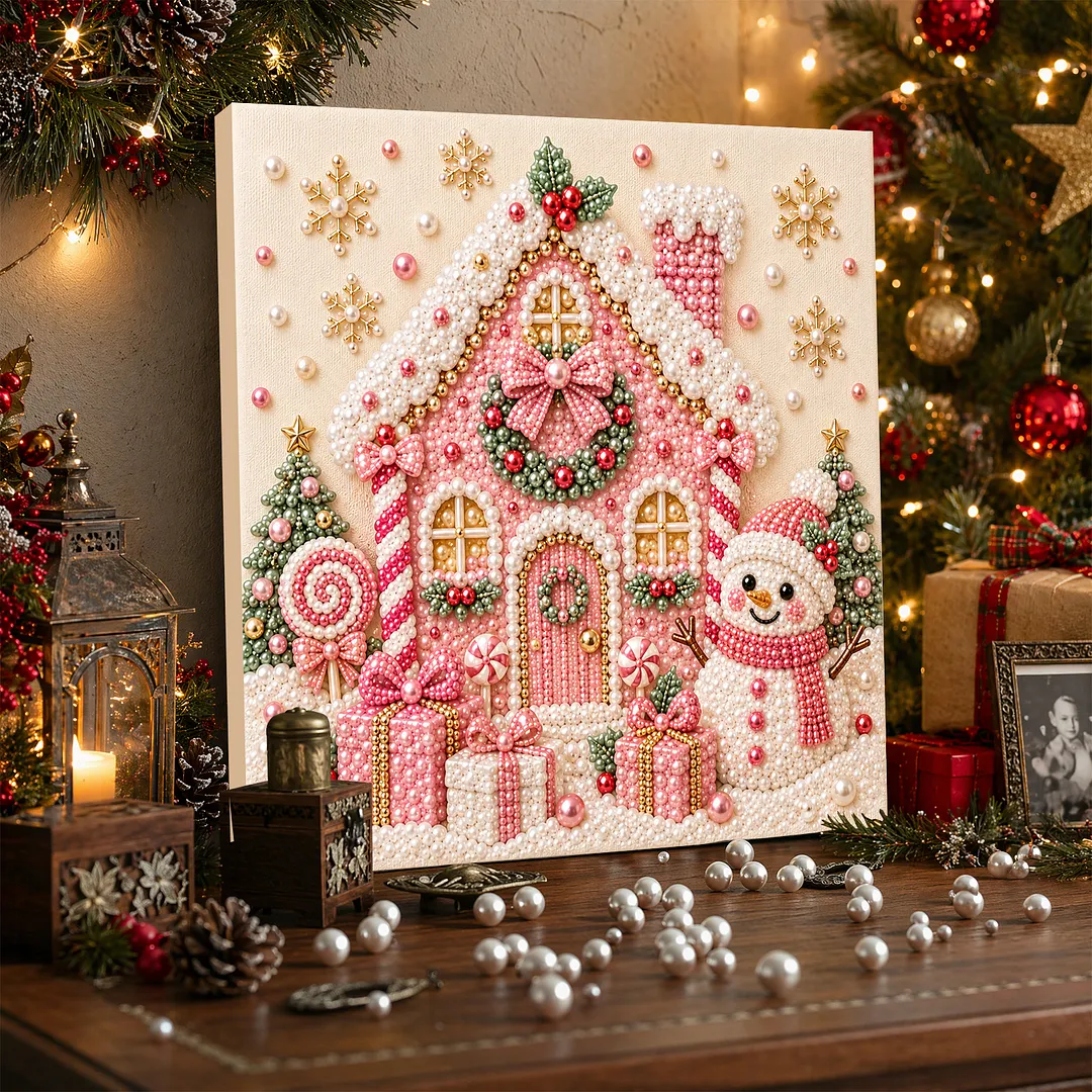 Framed Pearl Painting Kit Christmas Snowman Cottage 7.87x7.87in
