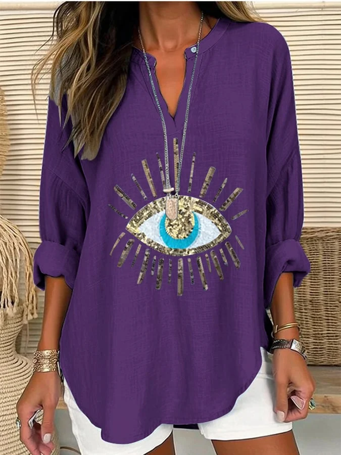 Women's Devil's Eye Sequin Print Casual Long Sleeve V-Neck Shirt socialshop
