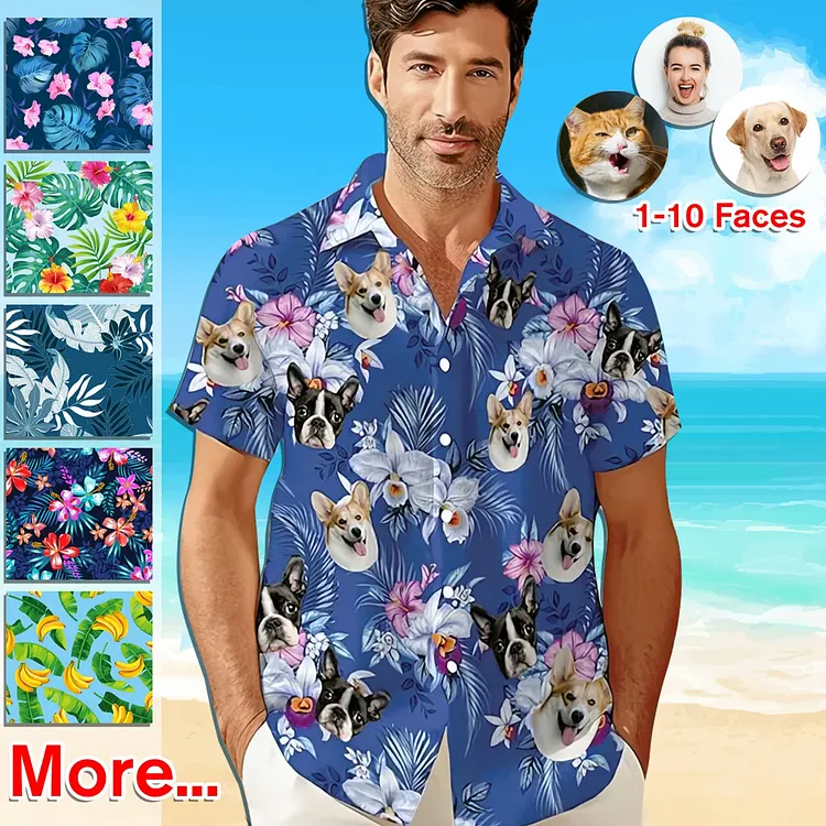Custom Hawaiian Shirt With Face Baby, Dog Cat Face Tropical Pattern Personalized Photo Aloha Shirt, Couple Shirts, Beach Gift