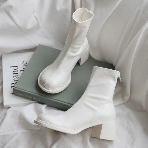 HOUZHOU White Women's Ankle Boots Leather Autumn Winter Platform Heels Comfortable Designer Shoes Harajuku Footwear