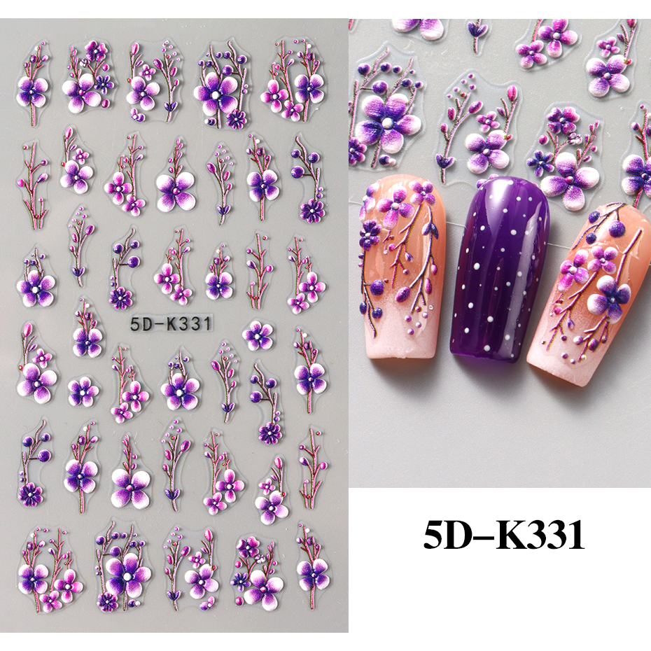 Bonusbad 5D Purple Flower Nail Embossed Sticker Rose Blossom Floral Love Heart Adhesive Decal Valentine's Manicure Slider DIY Accessories