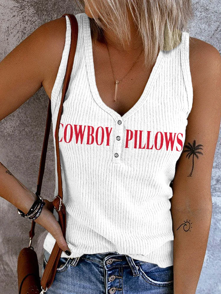 Cowboy Pillows Print Button Up V Neck Tank Top