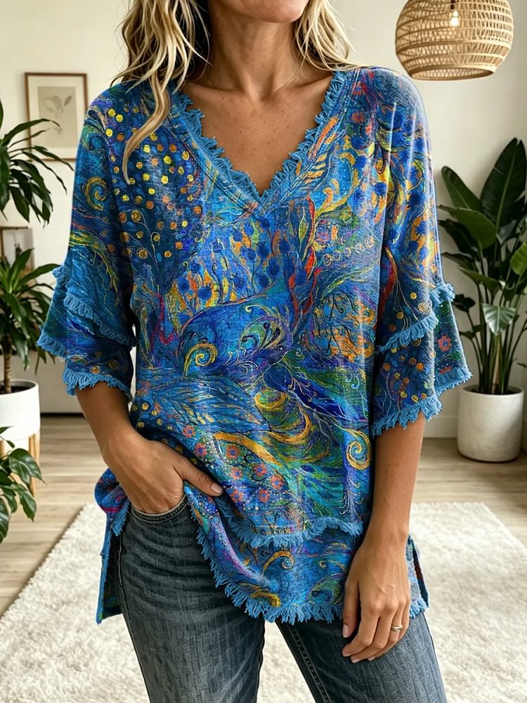Women's Folk Floral Art Print V-Neck Tasseled Cotton Top