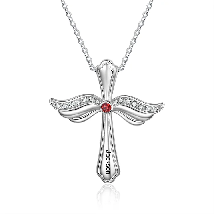 Gravur 1 Name Kommunion Kreuz Flügel Halskette mit 1 Geburtsstein Kette