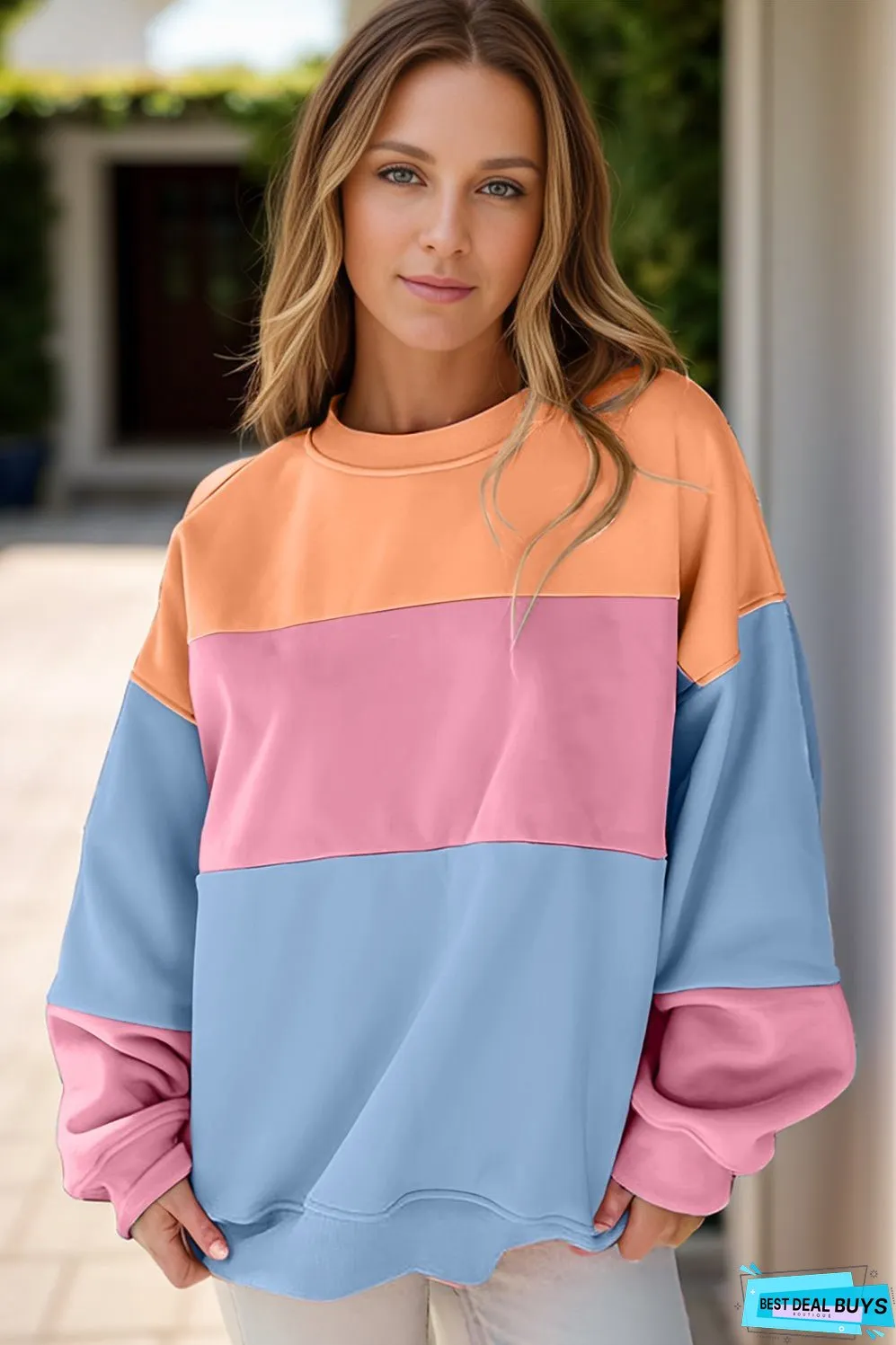 Color Block Round Neck Long Sleeve Sweatshirt