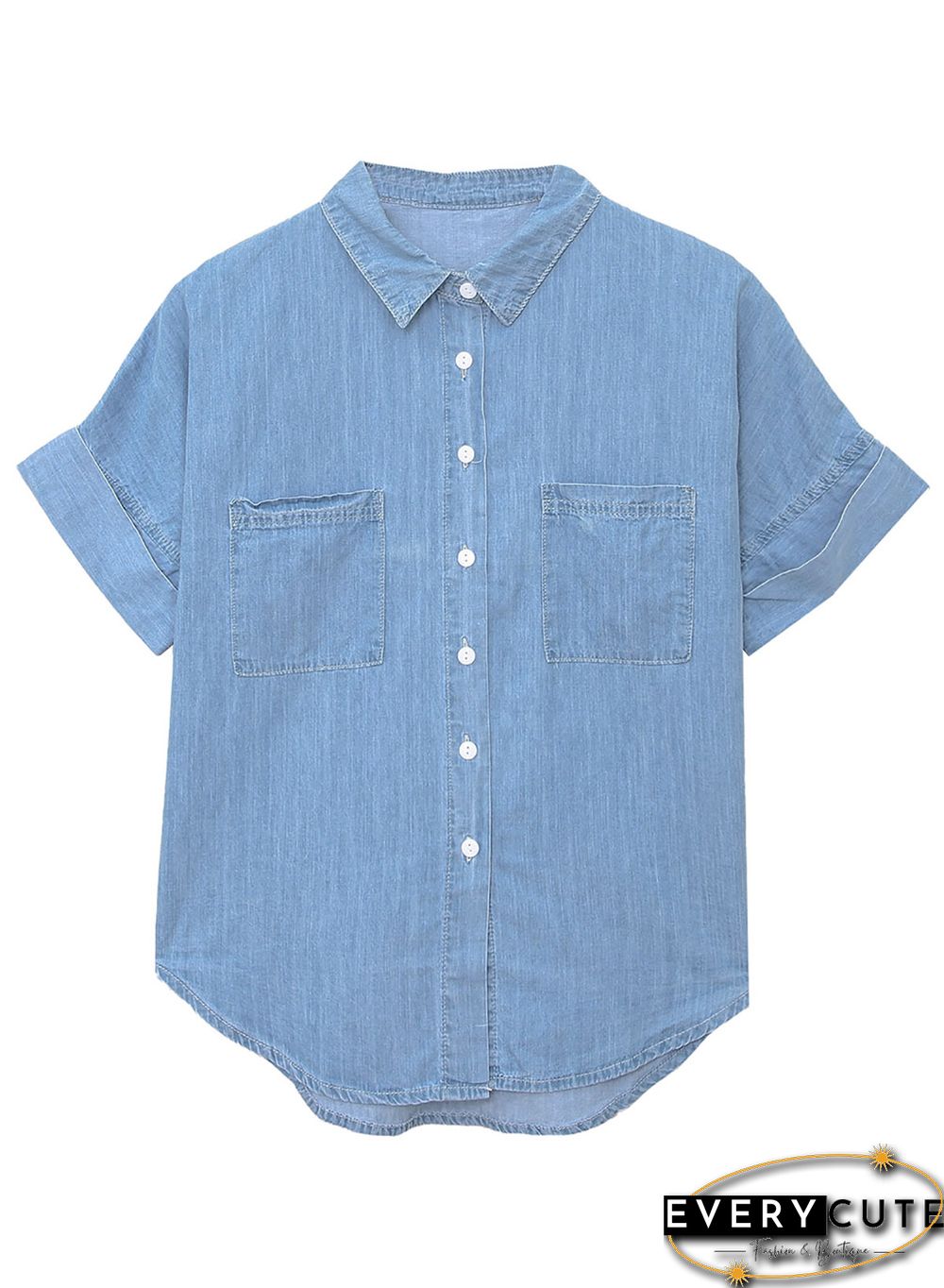 Light Blue Turn-down Collar Short Sleeve Denim Shirt
