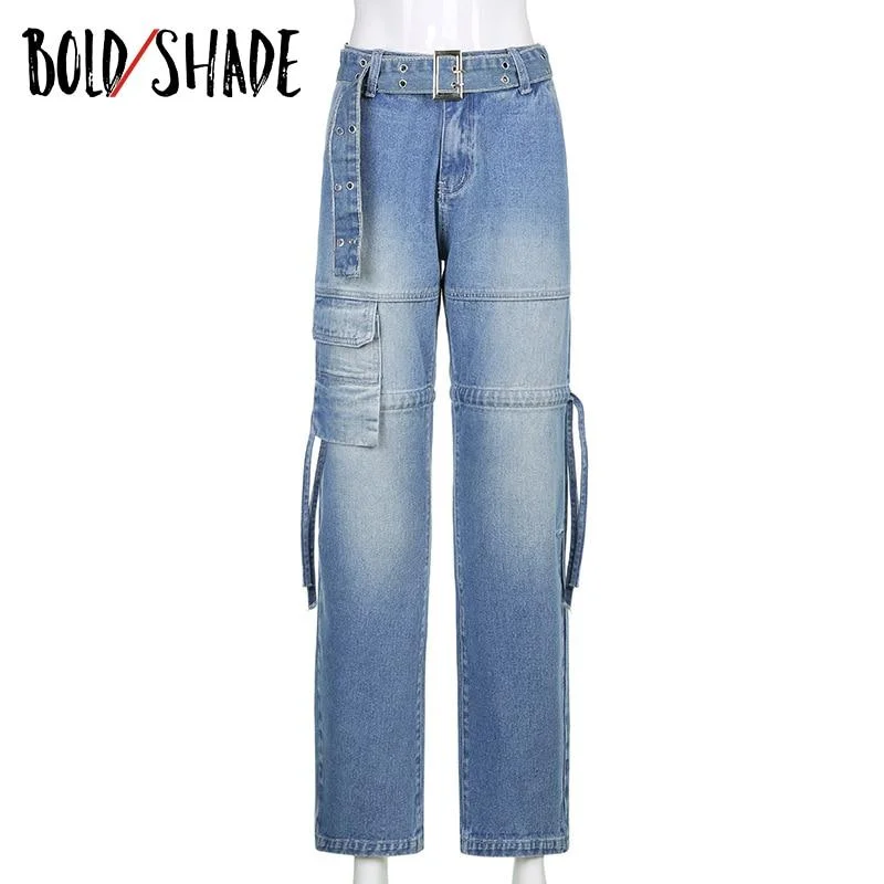 Bold Shade Indie Aesthetic Y2K Denim Jeans Streetwear Fairy Core Baggy Pants Women Pocket 90s Vintage Low Rise Jeans 2021 Summer