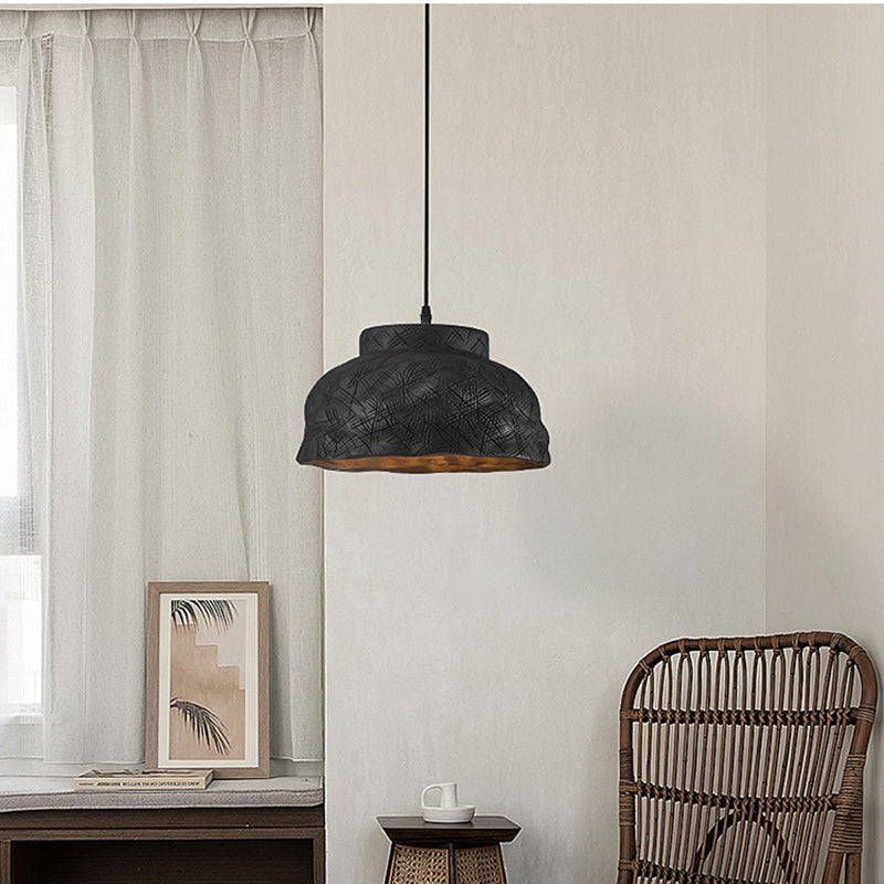 Traditional Japanese Basin Disc Stripe Carved Resin 1-Light Pendant Light For Bedroom