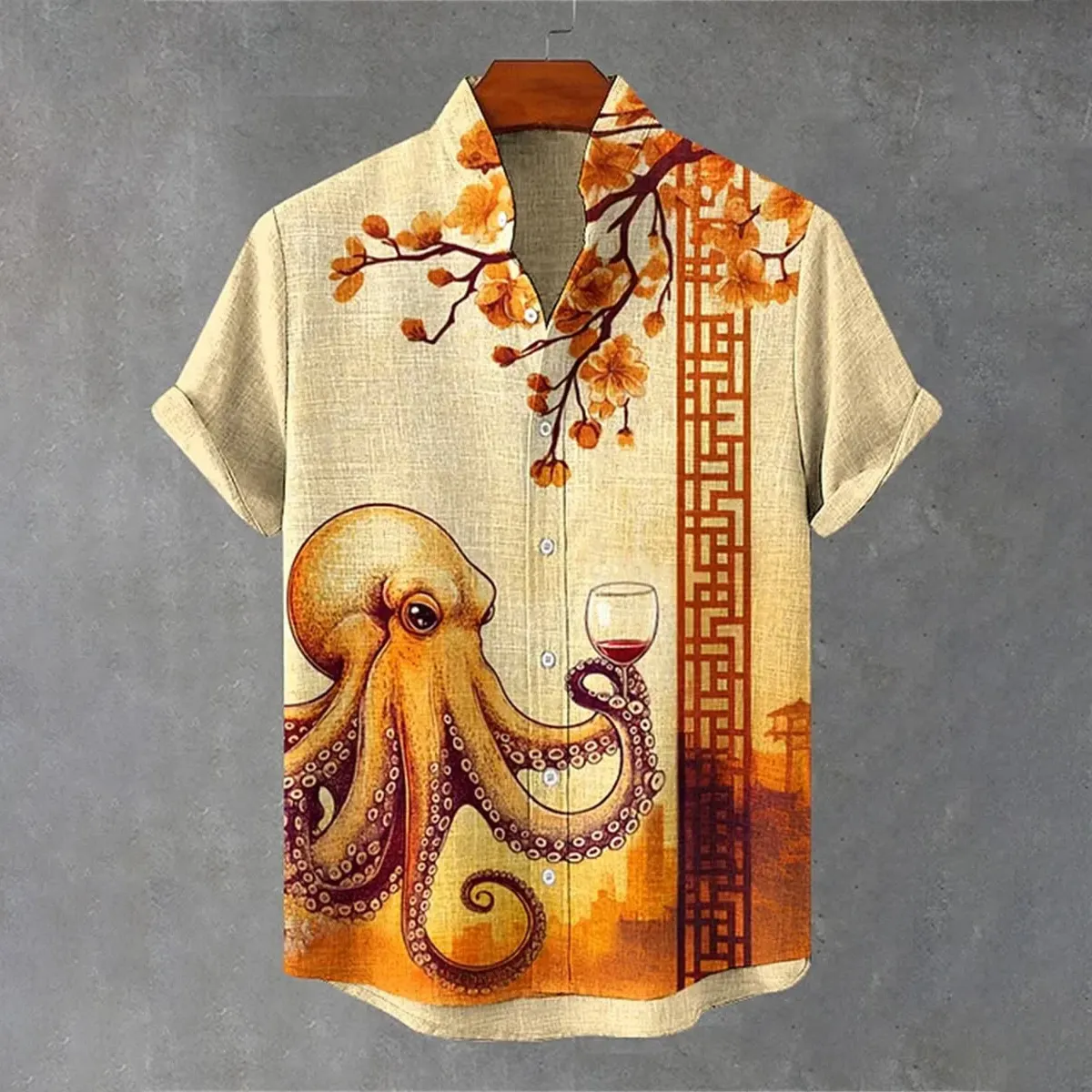 Men's Octopus Drinking Tea Under The Cherry Tree Art Print Casual Shirt  artssus