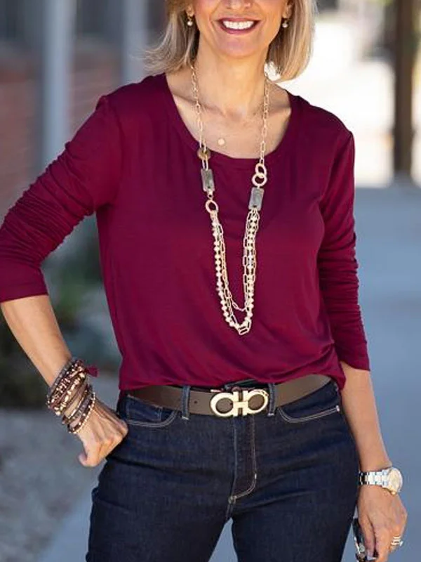 Burgundy Round Neck Long Sleeve Top