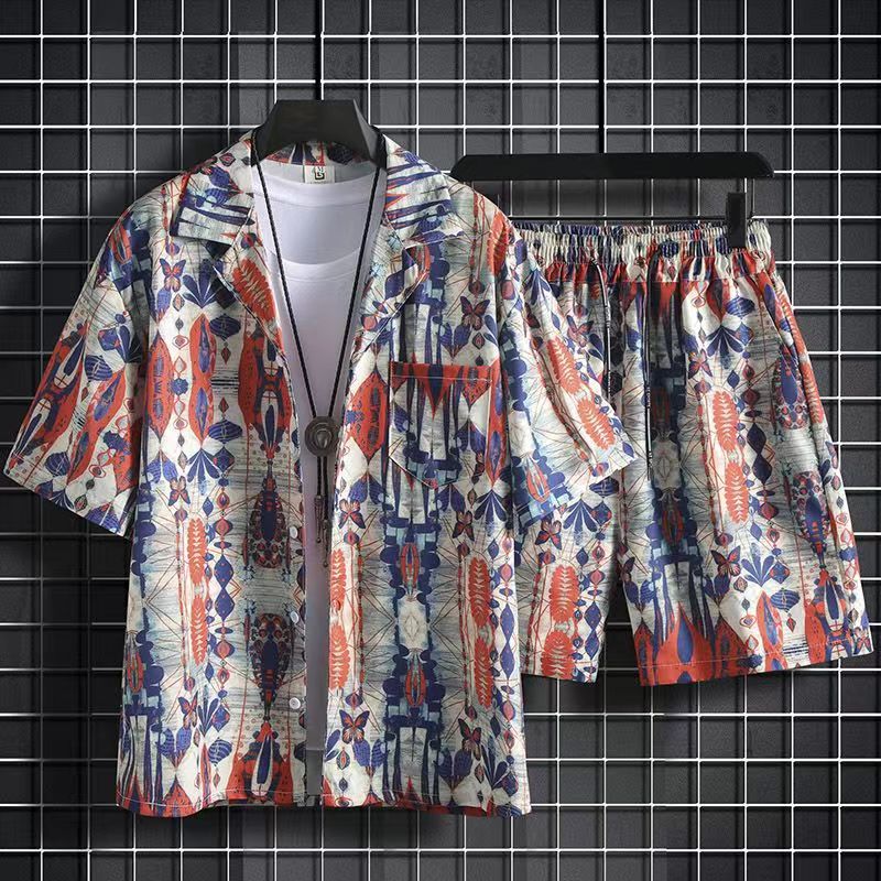 Wlmerlist New Summer Fashion Beach 2PCS Suits Mens Print Short Sleeve Shirt Tops And Shorts Two Piece Set Couple Hawaiian Holiday Outfits
