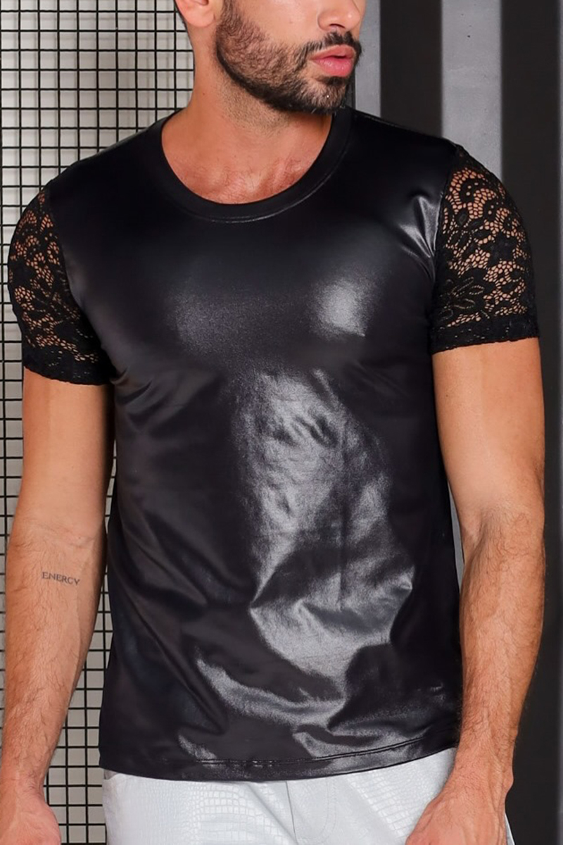 Men's Mate Lace Patchwork Slim Fit Black Top