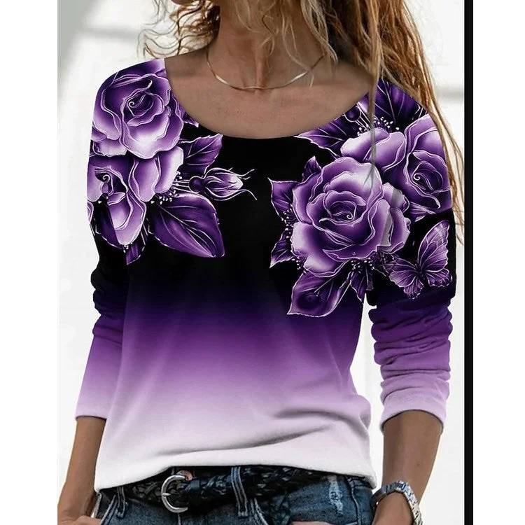 Uveng Long Digital Printing Sleeve Loose Neck Casual Pullover Print T-shirt