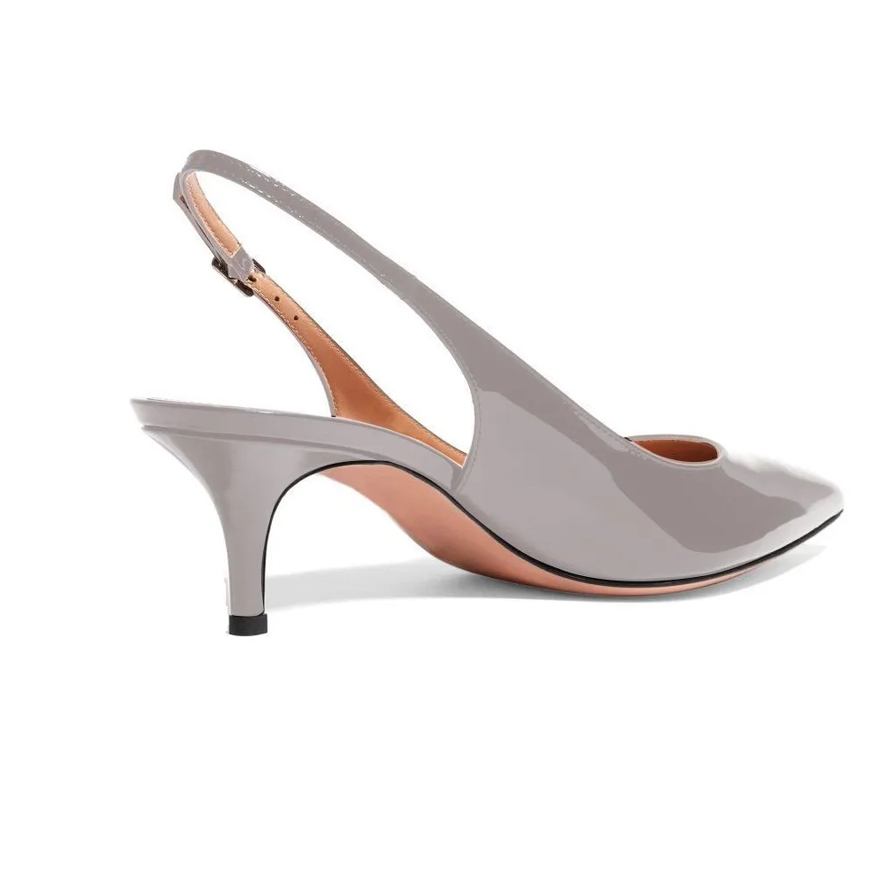 Women's Pointed Toe Slingback Shoes Kitten Heel Pumps Comfortable Dress Grey Patent Shoes-vocosishoes
