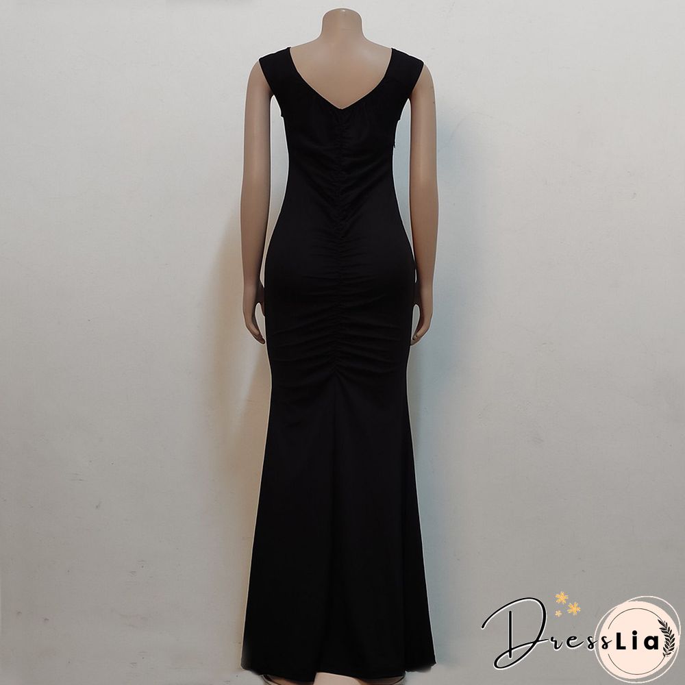 Low Cut Slash Neck Ruched Split Maxi Cocktail Dresses