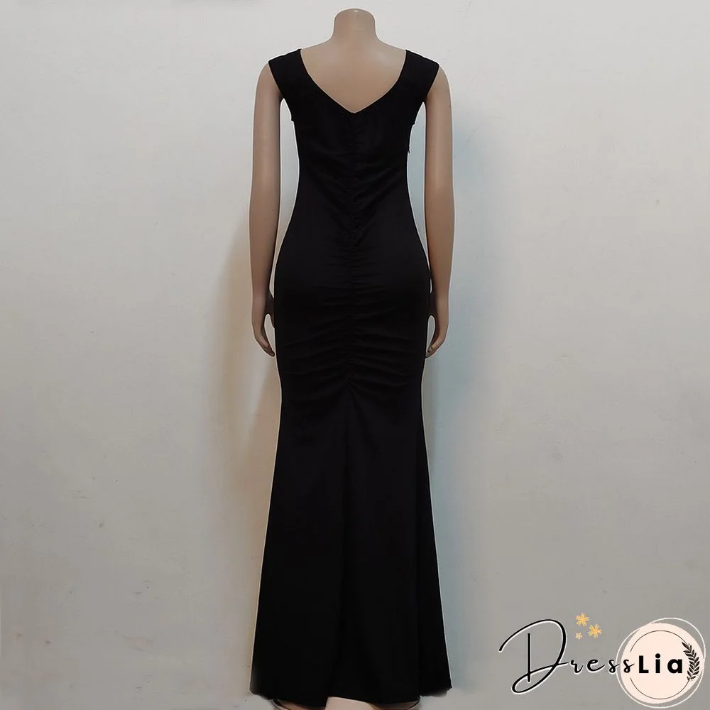 Low Cut Slash Neck Ruched Split Maxi Cocktail Dresses