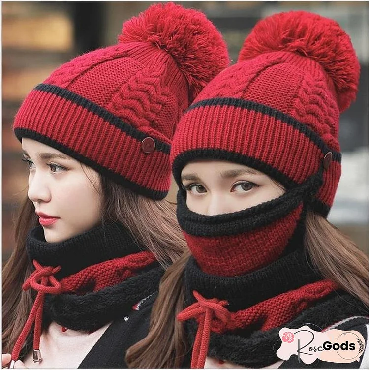 Winter Beanie Hat Scarf and Wind Proof Set 3 Pieces Thick Warm Knit Cap For Women