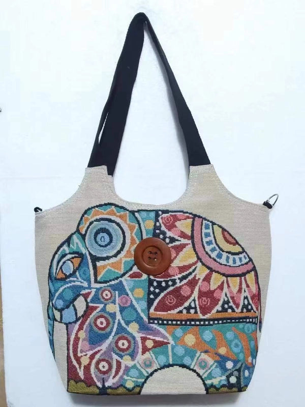 Women’s Large Canvas Elephant Ethnic Style Square Zipper Shoulder Bag