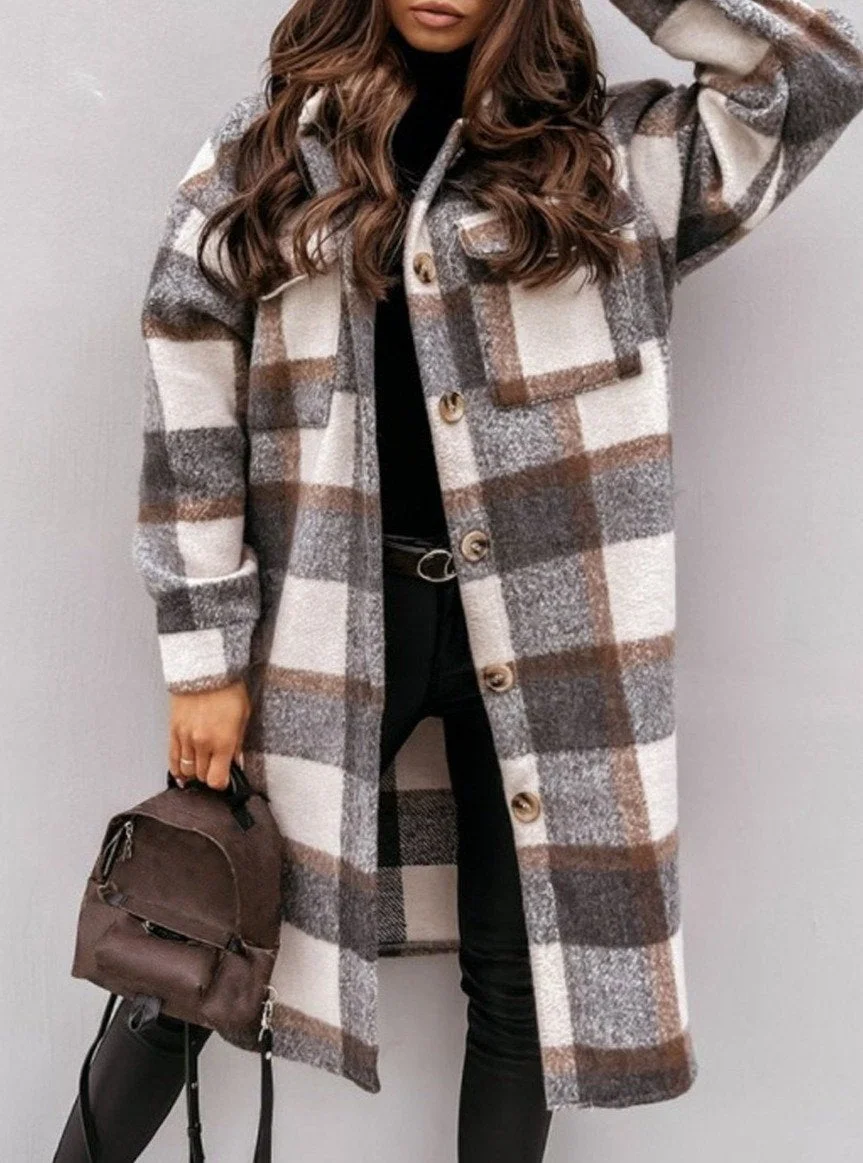 Double Pocket Casual Large Plaid Coat