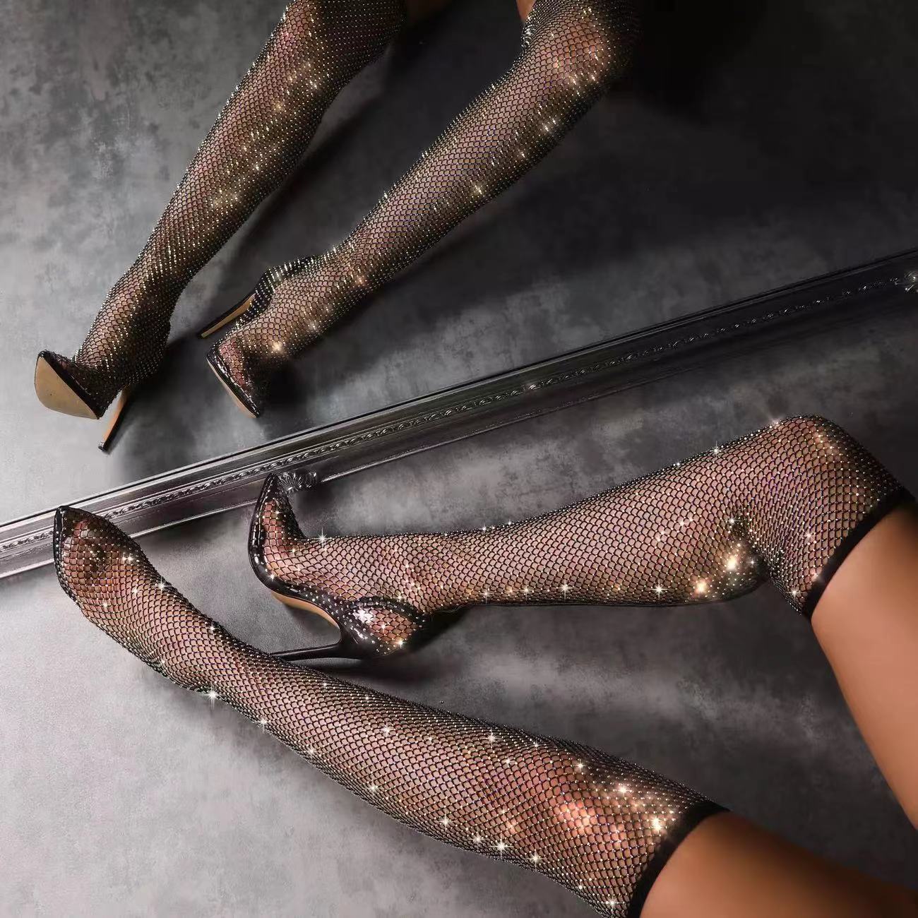 VCSHOES Rhinestone Embellishments Lace Over-the-Knee High Heels Shoes