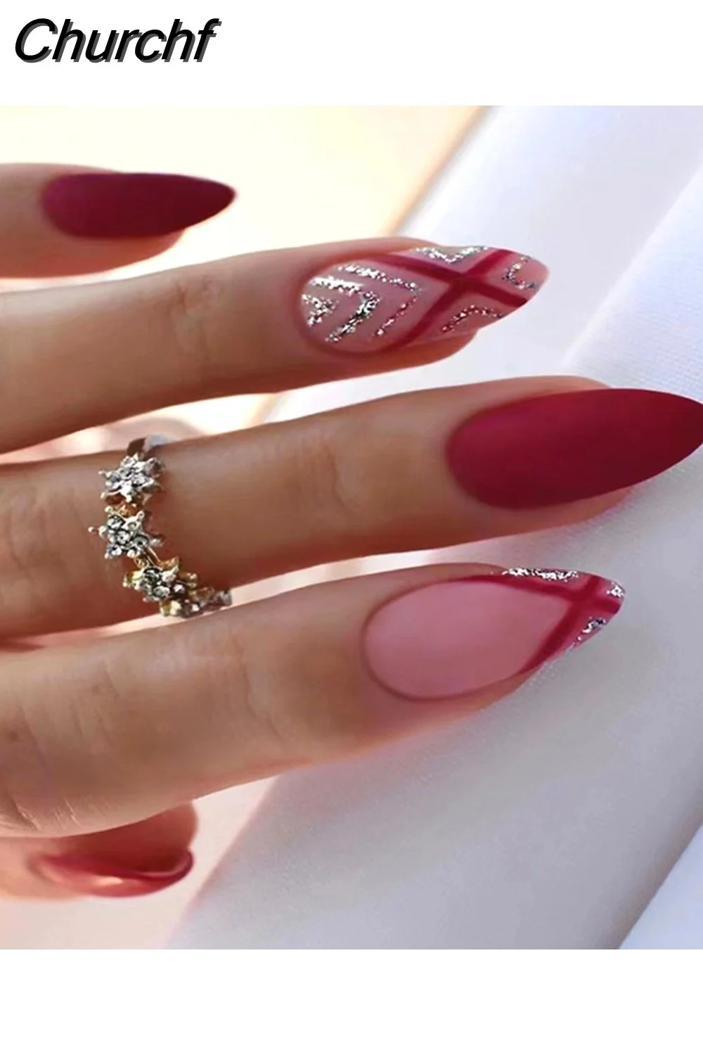 Churchf Almond False Nails Press On Nails Detachable Fake Nail Tip gold heart with Design Manicure Patches Press On Nails-Nail Inspo