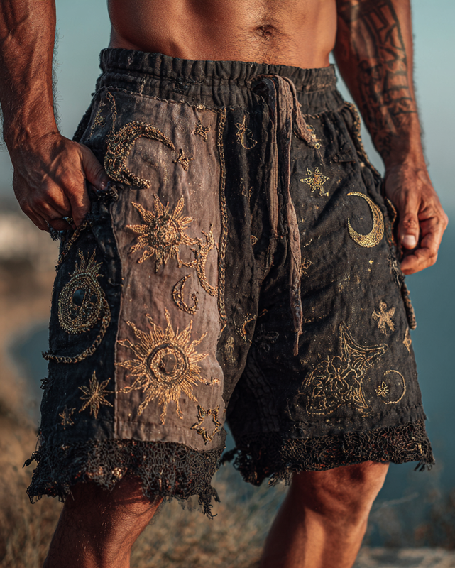 Men's casual star and moon 3D embroidered linen shorts f0ab